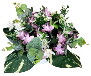 Selecție de flori artificiale într-un ghiveci de flori 35cm x 24cm violet, verde, crem
