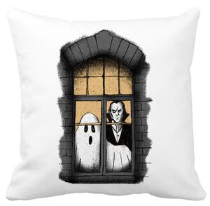 Perna Decorativa de Halloween Fantoma si Vampir, 40x40 cm, Alba, Mata, Husa Detasabila, Burduf