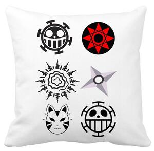 Perna Decorativa cu Naruto symbols, 40x40 cm, Alba, Mata, Husa Detasabila, Burduf