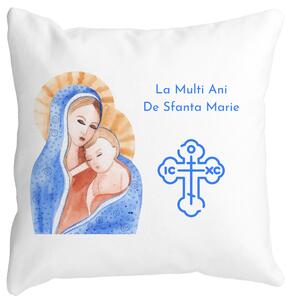 Perna Decorativa La multi ani de Sfanta Maria, 40x40 cm, Alba, Mata, Husa Detasabila, Burduf