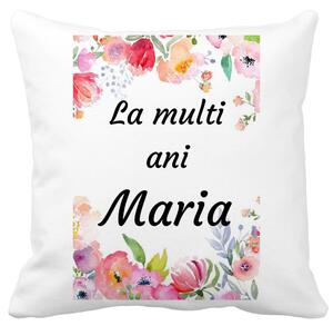 Perna Decorativa La multi ani Maria 2,40x40 cm, Alba, Mata, Husa Detasabila, Burduf