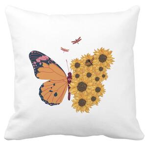 Perna Decorativa, SunFlower Butterfly, 40x40 cm, Alba, Mata, Husa Detasabila, Burduf