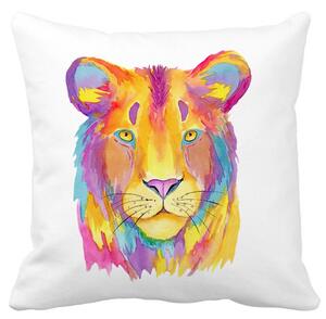 Perna Decorativa, Colorful Lion, 40x40 cm, Alba, Mata, Husa Detasabila, Burduf