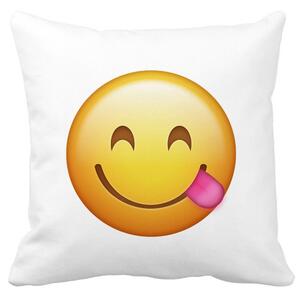 Perna Decorativa Patrata Emoji cu Limba, 40x40 cm, Alba, Mata, Husa Detasabila, Burduf