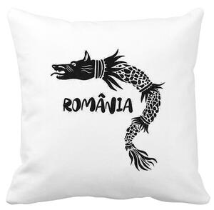 Perna Decorativa Patrata Lup Dacic Romania, 40x40 cm, Alba, Mata, Husa Detasabila, Burduf