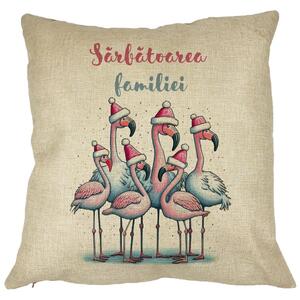 Perna Decorativa cu tematica de Craciun, Flamingo si Text 2, 40x40 cm, Husa Detasabila, Burduf