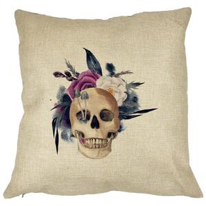 Perna Decorativa cu motiv Craniu si Flori de Halloween, 40x40 cm, Husa Detasabila, Burduf