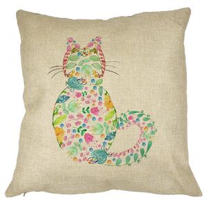 Perna Decorativa Pisica cu Flori, Multicolor, 40x40 cm, Husa Detasabila, Burduf