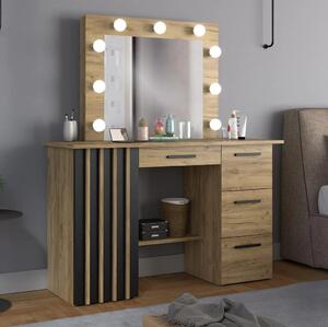 SEM517 - Set Masa toaleta, 120 cm, moderna cosmetica machiaj oglinda, masuta vanity, oglinda cu 9 LED, cu sau fara scaun - culoarea Stejar