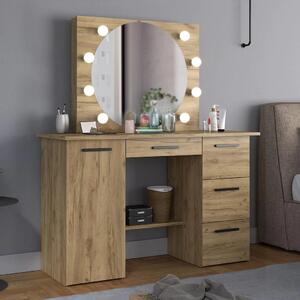 SEM514 - Set Masa toaleta, 120 cm, moderna cosmetica machiaj oglinda, masuta vanity, oglinda cu 8 LED, cu sau fara scaun - culoarea Stejar