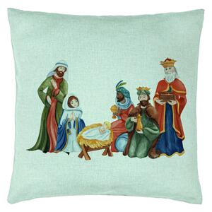 Perna Decorativa cu tematica de Craciun, Isus - Darul lui Dumnezeu, 40x40 cm, Verde Menta, Husa Detasabila, Burduf