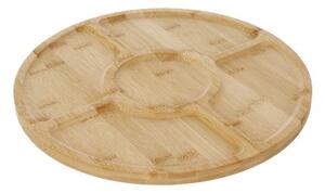 Platou rotativ din bambus, 5 compartimente servire, sarcina maxima 5 kg, diametru 33 cm, baza antiderapanta 15 cm