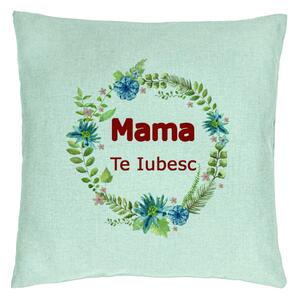 Perna Decorativa, Model Mama Te Iubesc, 40x40 cm, Verde Menta, Husa Detasabila, Burduf