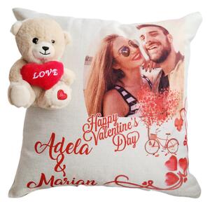 Perna Personalizata cu Nume și Poza pentru Cupluri + Ursuleț - Cadou Valentine's Day Handmade, 40x40 cm