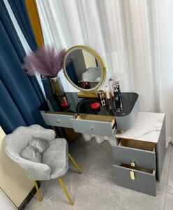 Set Rochelle, Masă de toaletă pentru machiaj cu oglindă iluminată LED, control touch, 4 sertare, comoda, scaun, Gri/Auriu