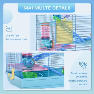 PawHut Pet Cusca pentru hamsteri pentru animale domestice 5 etaje cu roti tub sticla de apă farfurii scara casa din metal PP PS albastra