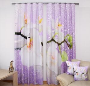 Draperie violet pentru living cu model de picături de apă și orhidee albe Lăţime: 160 cm | Lungime: 250 cm (într-un set de 2 bucăți)