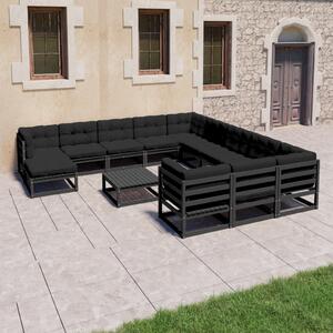 Set mobilier de grădină cu perne13 piese, negru, lemn masiv pin