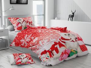 Lenjerie de pat din bumbac Culoare Alb / rosu, Pisica tema de Craciun + husa de perna 40x50 cm Gratuit