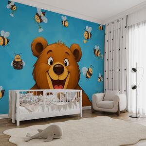 Fototapet Urs de desene animate înconjurat de albine care zboară în jurul lui, Fototapet copii, Fototapet populare, w03969 - Tapeko.ro