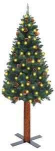 Pom Crăciun subțire, LED-uri&lemn natural&conuri, verde, 180 cm