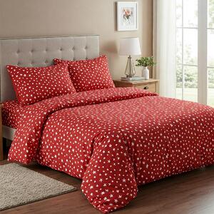 Lenjerie de pat dublu bumbac Premium Ranforce rosie cu stelute