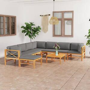 Set mobilier grădină cu perne gri, 9 piese, lemn masiv de tec