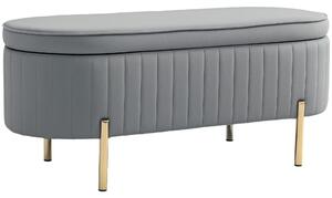 HOMCOM Bancă de Depozitare pentru Intrare Ovală 72L cu Design Scanalat, Capac Ridicabil și Șezut Capitonat, Bancă de la Capătul Patului Pouf în Catifea și Picioare de Lemn de Pin, 108x44x43.5 cm, Gri | Aosom Romania