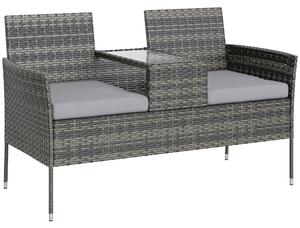 Outsunny Bancă de Grădină cu 2 Locuri din Rattan și Oțel, Bancă de Exterior cu Perne și Măsuță Centrală cu Blat din Sticlă Securizată, 135x64x81 cm, Gri Închis | Aosom Romania