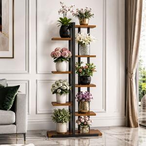 Suport pentru flori și plante, etajeră modernă cu 6 rafturi, 113x60x20 cm, suport ghivece din metal și lemn, negru-maro, pentru balcon, terasă, living sau grădină