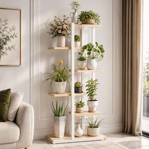 Suport pentru flori și plante, etajeră modernă cu 6 rafturi, 113x60x20 cm, suport ghivece din metal și lemn, alb-maro, pentru balcon, terasă, living sau grădină