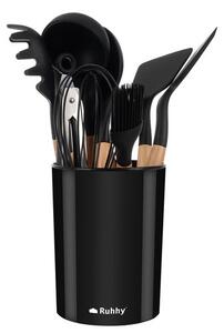 Set ustensile de bucătărie din silicon Ruhhy - 12 piese cu suport, negru