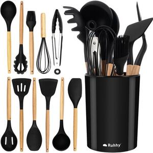 Set ustensile de bucătărie din silicon Ruhhy - 12 piese cu suport, negru