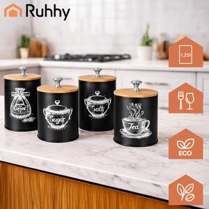 Set 4 recipiente ermetice de bucătărie Ruhhy 1.5L - Negru mat cu capace din bambus