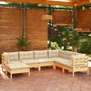 Set mobilier grădină cu perne crem, 7 piese, lemn masiv pin