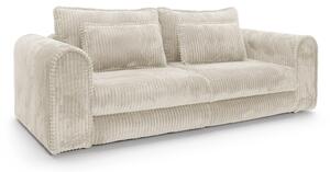 Canapea ~CELLORA MINI~ extensibilă cu ladă de depozitare, material fluffy velur raiat, culoare crem, 260 cm lungime, 160x200 cm extensia