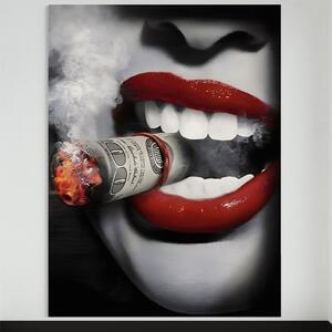 Tablou Canvas Premium LuxCanva® A1301, Dollar Cigarette , Living, Buze Rosii, Femeie, Fum, Cash, Dressing, Culori Vibrante