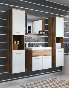 Set de baie suspendat: chiuvetă, mască pentru chiuvetă, 2 dulapuri și oglindă Montreal XL, wotan/alb lucios