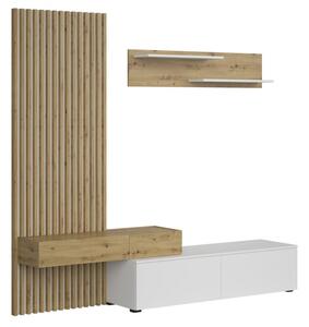 Bibliotecă modulară Lucimo 210 cm cu lamele – alb / stejar artisan