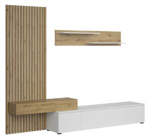 Bibliotecă modulară Lucimo 250 cm cu lamele – alb / stejar artisan