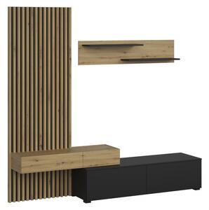 Bibliotecă modulară Lucimo 210 cm cu lamele – negru / stejar artisan