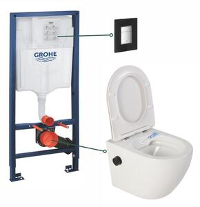 Set vas wc suspendat cu functie bideu alb si baterie inclusa negru mat Foglia Oslo, rezervor wc si clapeta neagra din sticla, Grohe