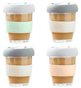 Set 4 pahare cafea/ceai, Quasar & Co.®, model To Go, cu protectie termica si capac din silicon, sticla, 4x320 ml, multicolor
