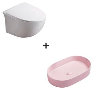 Set vas wc rimless cu capac soft close Alice plus lavoar baie oval roz mat