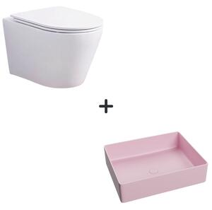 Set vas wc rimless cu capac soft close Oslo plus lavoar baie dreptunghiular roz mat