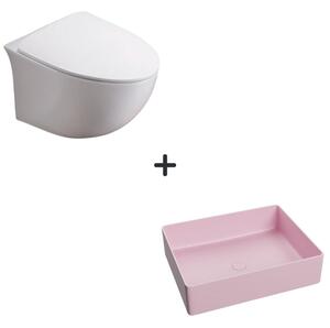 Set vas wc rimless cu capac soft close Alice plus lavoar baie dreptunghiular roz mat