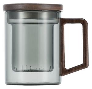 Cana cu infuzor, Quasar & Co.®, recipient pentru ceai/cafea, capac si maner, 400 ml, sticla borosilicata/lemn acacia, gri grafit