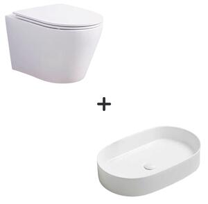Set vas wc rimless cu capac soft close Oslo plus lavoar baie oval alb lucios