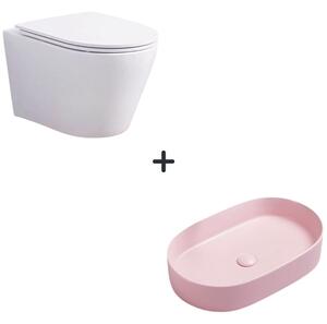 Set vas wc rimless cu capac soft close Oslo plus lavoar baie oval roz mat