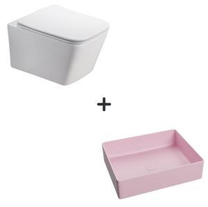 Set vas wc rimless cu capac soft close Paris plus lavoar baie dreptunghiular roz mat
